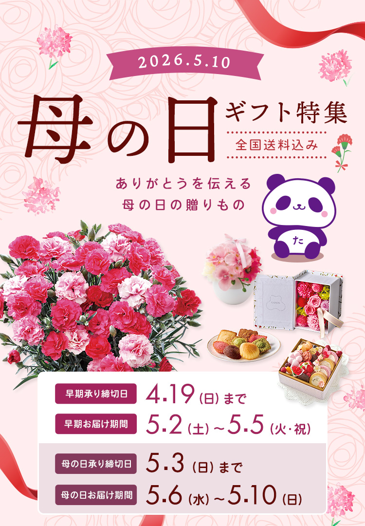  MOTHER'S DAY 母の日ギフト特集 全国送料込み 2025年5月11日 日曜日 承り締切日 5月4日（日）まで お届け期間 5月7日（水）から5月11（日）まで